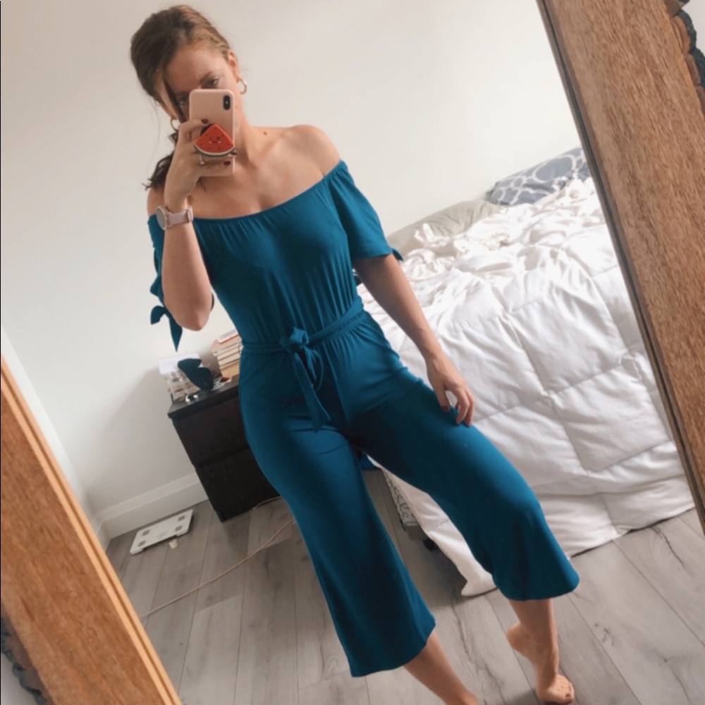 Paper Doll Blue off the shoulder jumpsuit